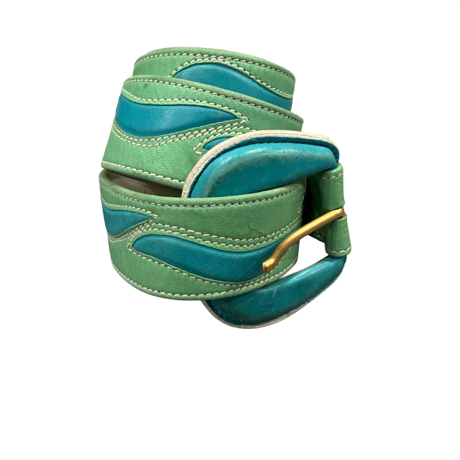 Escada Leather Belt Womens 40 Green Turquoise Good Made In Italy Wave Design